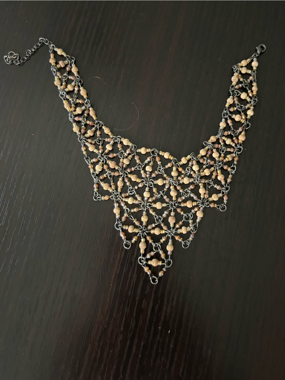 Beaded Chain Statement Necklace/Choker in Silver and Beige